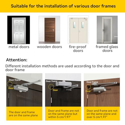 Automatic Door Closer Heavy Duty Fire Prevention Spring Hydraulic Aluminum Alloy Surface Mounted Residential Commercial Grade Door Closer Adjustable Speed Door Weights 55-99 Lbs Size1-Silver - size: Size1 Silver-Door Weight 55-99 Lbs