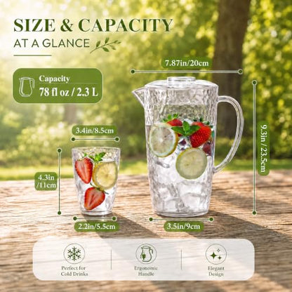 Water Pitcher with Lid, Plastic Pitcher Set with Cups, Water Jug for Drinks - color: Clear