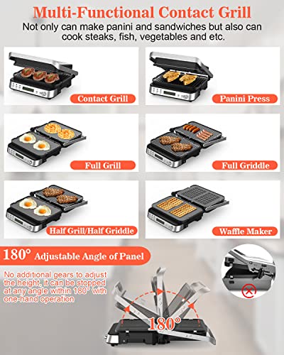 CATTLEMAN 6 in 1 Panini Press Grill with Removable Waffle Plates, 1600W - color: Silver with Waffle Plates
