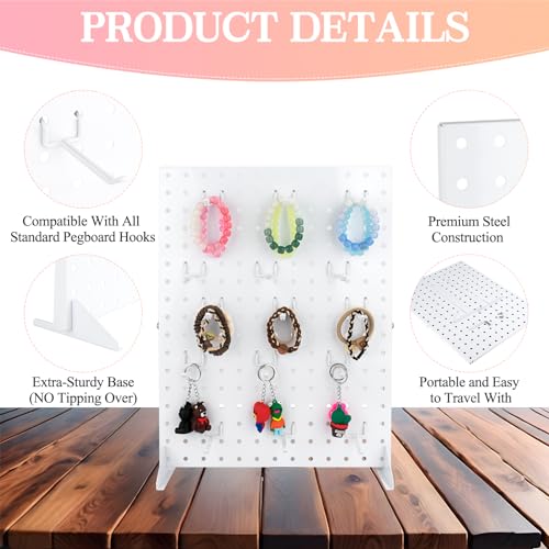 2 Pcs Metal Pegboard Display Stand with 30 Peg board Hooks, Tabletop Pegboard Shelf for Craft Shows & Fairs, Retail Stores, Vendors Arts and Crafts Finishing - 17x13Inch & White - color: White&2