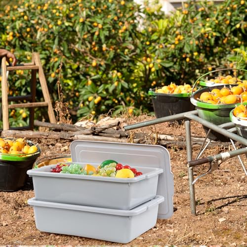 3 Packs 15 L Plastic Bus Tubs with Lids, Commercial Bus Box, Gray