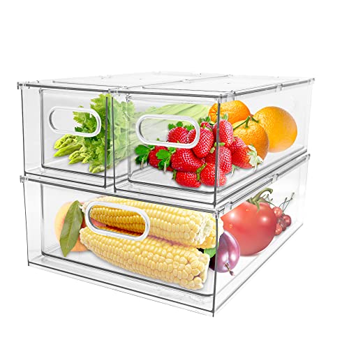 3 Pack Refrigerator Organizer Bins with Pull-out Drawer Stackable Clear Fridge Drawer Organizer Fruit Vegetable Storage Containers for Kitchen Pantry Organization (1 Large+2 Small) - color: C. 1 Large+2 Small