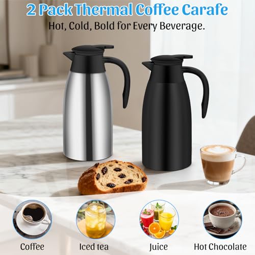 70oz Thermal Coffee Carafe Insulated Coffee Thermo,2 Pack Stainless Steel Thermo Pitcher,Double Walled Vacuum Insulation Coffee Carafes For Keeping Hot,Tea Water Hot Beverage Dispenser - color: Silver&Black