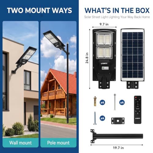 LANGY 2 Pack Solar Street Light 180000Lumens,240 LED Street Lamp with Light Control&PIR Motion Sensor, Dusk to Dawn LED Security Light Solar Flood Light for Square,Yard,Basketball Court - size: 2PACK 180000LM