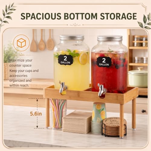 1-2 Gallon Bamboo Drink Dispenser Stand Beverage Dual Drink Stand for Party