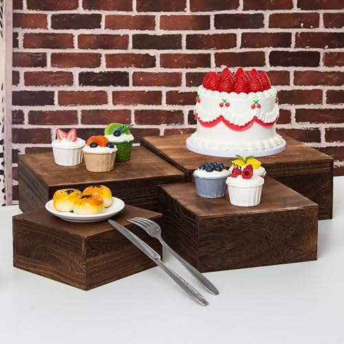 4 Pieces 12 Inches Wooden Cake Stands,Antique Brown Cupcake Stands. - color: Antique Brown