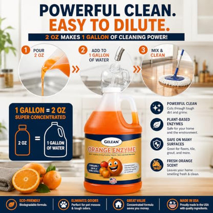 Multi-Purpose Probiotic Enzyme orange Cleaner, 1 Gallon (128 oz.) - Pet Stain and Odor Remover - Concentrated - Professional & Home Strength Drains, Floors, Bathrooms, Toilets Trash Can, Made in USA