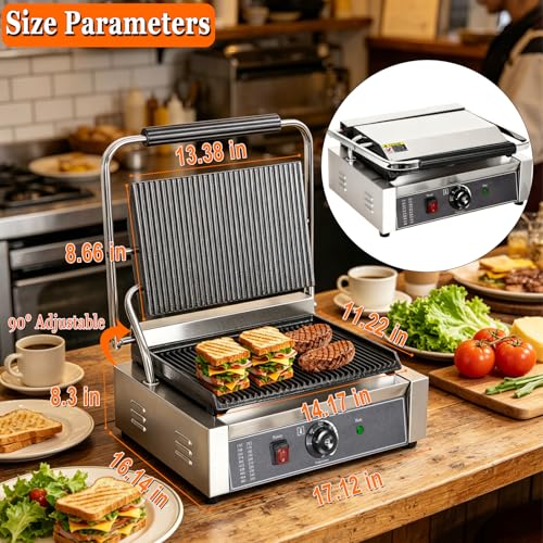 CTJ Commercial Panini Press Grill 2200W Sandwich Maker with Nonstick Plates
