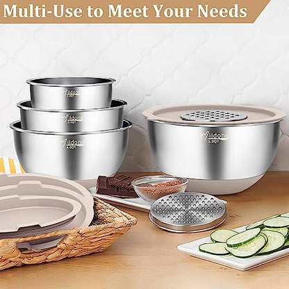 Wildone Mixing Bowls with Airtight Lids, Stainless Steel Nesting Bowls Set - color: Khaki