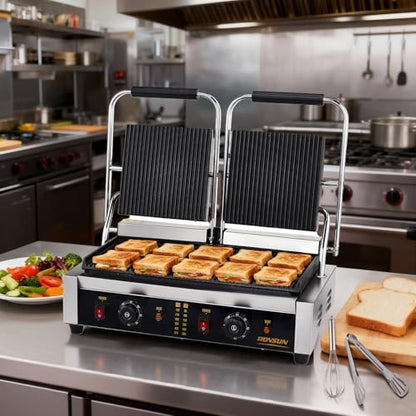 Bonnlo 813 Commercial Sandwich Make, 3600W Stainless Steel Countertop Panini Press Grill with Adjustable Temp 122°F–572°F, For Steak, Burgers, Home & Restaurant Use, 110V, Silver - size: 12.2"D x 22.2"W x 8"H