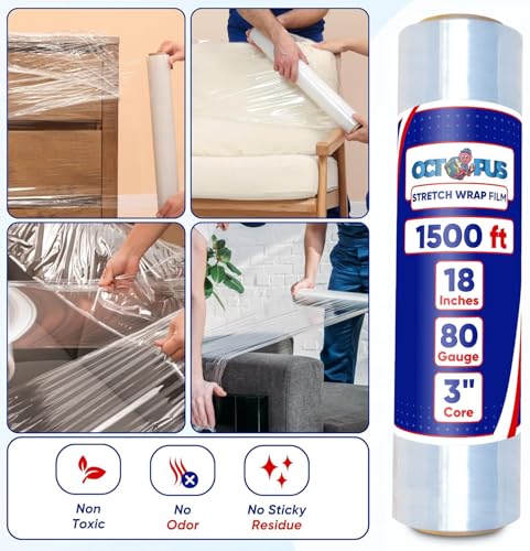 OCTOPUS Stretch Wrap, Industrial Strength 4 Roll Clear, 18” x 1500 feet, 80 Gauge (20 Micron), Heavy Duty Plastic Shrink Film for Packing, Wrapping, Bundling, Shipping, Pallets, and Moving Essentials