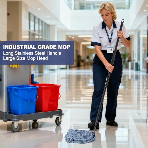 Commercial Industrial Mop for Floor Cleaning,3 Extra Large Replacement Head - size: Black Metal Handle + 3 Blue Heads