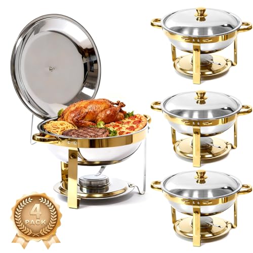 4-Pack Chafing Dish for Buffet Set, 6QT Round 304 Stainless Steel Complete Buffet Warmer – Includes Lids, Water Pans, Folding Stands & Clips for Catering, Events, Parties,Gold - color: Silver + Golden