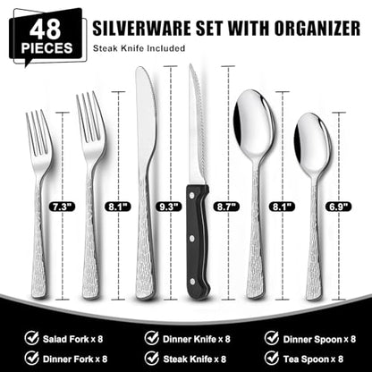 49-Piece Silverware Set with Organizer, Food-Grade Stainless Steel Flatware for 8, Cutlery Utensil Sets with Steak Knives, Rust-proof, Mirror Polished, Dishwasher Safe, Silver Tree Pattern - style: Tree Pattern - Silver