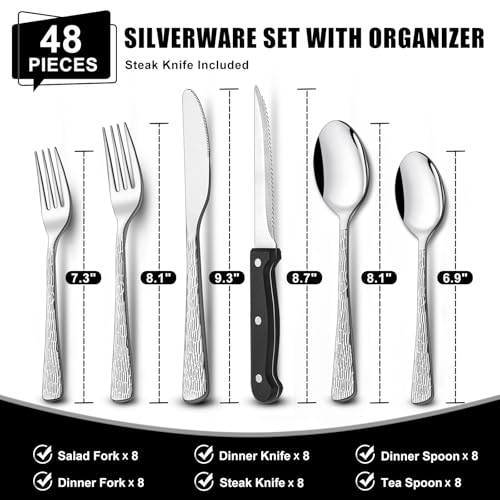 49-Piece Silverware Set with Organizer, Food-Grade Stainless Steel Flatware for 8, Cutlery Utensil Sets with Steak Knives, Rust-proof, Mirror Polished, Dishwasher Safe, Silver Tree Pattern - style: Tree Pattern - Silver