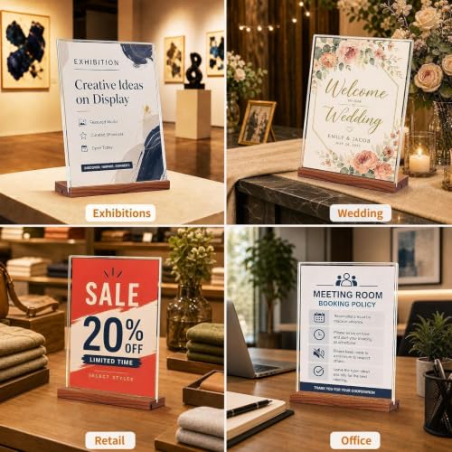 8.5x11 Acrylic Sign Holder with Wooden Base 4 Pack Adjustable Vertical/Tilt - color: Warm Brown, size: 8.5"x11"