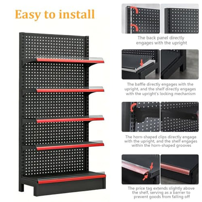 5-Tier Retail Gondola Shelving Unit with 15 Hooks, Heavy Duty Adjustable Store Display Rack, Metal Gondola Shelf for Grocery, Convenience Store, Liquor & Retail Shop(LxWxH 48x17x53in) - size: LxWxH 48x17x53in