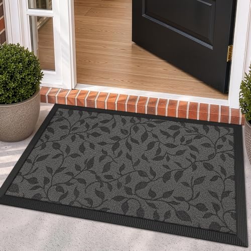 LUMI Outdoor Door Mat Traps & Hides Dirt 32x47, Outside Entrance, Leaf - color: Grey Leaf, size: 2'8" x 3'11" (32"x47")