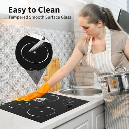 VBGK Electric Cooktop,24 inch 220V Electric StoveTop,Touch and Knob Control,LED,9 Power Levels, KidsLock & Timer Overheat Protection,500w3 burmercooktop. - size: 3 Burners Electric Cooktop