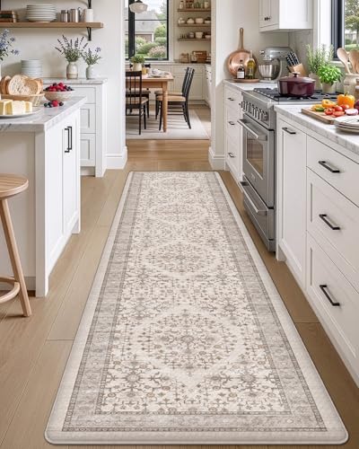 DEXI Kitchen Floor Mats Cushioned Anti Fatigue Runner Rug, 24x107 Long - color: Beige/White, size: 107"L x 24"W x 0.4"Th