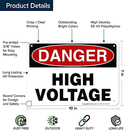 Danger High Voltage Sign, 7x10 Inches, 55 mil thick HDPE (high density - size: 7x10 - Polyethylene