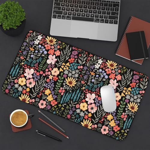 Floral Desk Mat, Cute Flower Large Mouse Pad, Black 23.6"x11.8" - color: A Flowers - Black, size: 23.6" x 11.8"