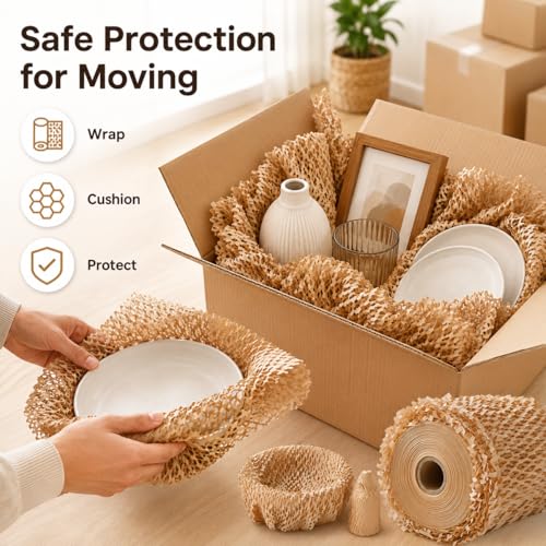 Honeycomb Packing Paper, Bubble Cushioning Wrap Alternative for Moving & Gift Wrapping, Includes 20 Fragile Sticker Labels (12Inchx100Feet) - size: 12Inchx100Feet