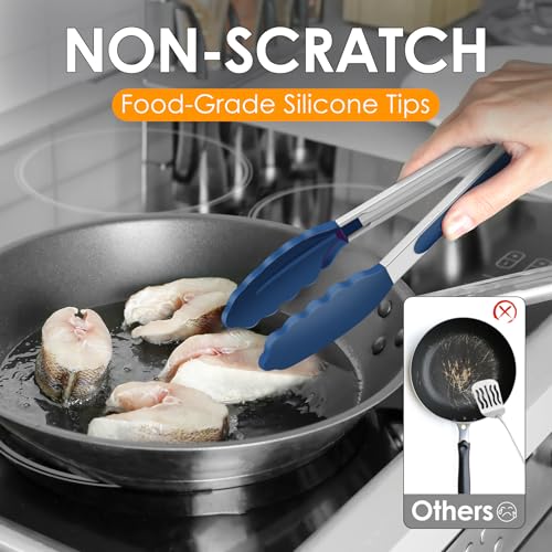 HOTEC Stainless Steel Kitchen Tongs with Silicone Tips, Set of 2-9" and 12" - color: Classic Blue:12+9inch