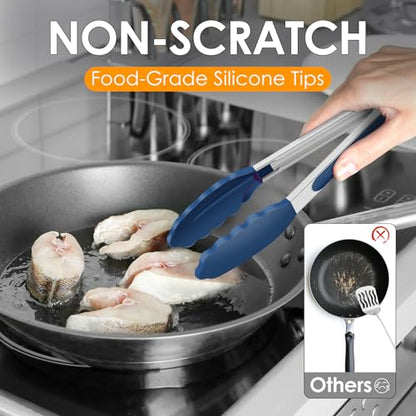 HOTEC Stainless Steel Kitchen Tongs with Silicone Tips, Set of 2-9" and 12" - color: Classic Blue:12+9inch