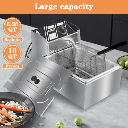 10QT Electric Deep Fryer 304 Stainless Steel Single Tank Commercial Fryer with Basket, Countertop Deep Fryer for Home and Restaurant Use with Lid & Temperature Control
