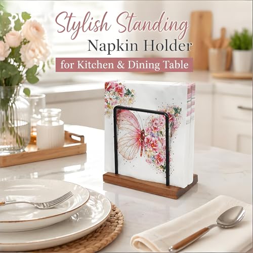 Napkin Holder for Table, Modern Farmhouse Acacia Wood Black Metal Upright