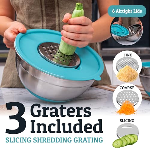 Priority Chef Stainless Steel Mixing Bowls with Lids Set - Premium 30Pcs with 6pc Metal Bowl Set for Kitchen, 3 Graters, Airtight Lids, Non-Slip Bases & Silicone Utensils, Turquoise - color: Turquoise