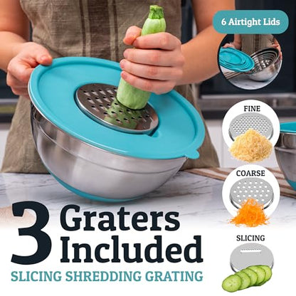 Priority Chef Stainless Steel Mixing Bowls with Lids Set - Premium 30Pcs with 6pc Metal Bowl Set for Kitchen, 3 Graters, Airtight Lids, Non-Slip Bases & Silicone Utensils, Turquoise - color: Turquoise