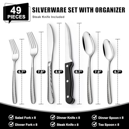 49-Piece Hammered Silverware Set with Organizer, Food-Grade Stainless Steel Flatware for 8, Cutlery Utensil Sets with Steak Knives, Rust-proof, Mirror Polished, Dishwasher Safe, Round Hammered - style: Round Hammered