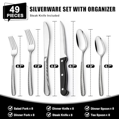 49-Piece Hammered Silverware Set with Organizer, Food-Grade Stainless Steel Flatware for 8, Cutlery Utensil Sets with Steak Knives, Rust-proof, Mirror Polished, Dishwasher Safe, Round Hammered - style: Round Hammered