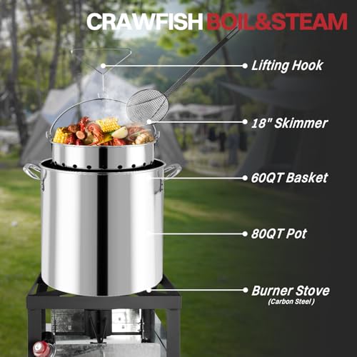 80QT Crawfish Boiler | Stainless Steel Seafood Boil Pot with Basket - size: 80QT+COVER+SKIMMER
