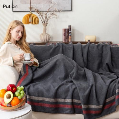 PuTian 100% Wool Blanket - Camping Outdoor Blanket, Plaid Dark Gray - color: Plaid Pattern Dark Gray, size: 63" × 87"