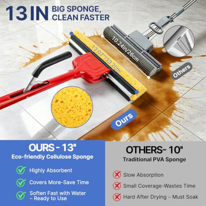 Commercial Sponge Mop for Floor Cleaning with 2 Compressed Cellulose Heads - size: 1 mop +2 mop heads
