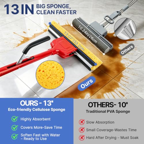 Commercial Sponge Mop and Bucket Set with Wheels for Floor Cleaning - size: 1 mop +2 mop heads+ 1 Bucket