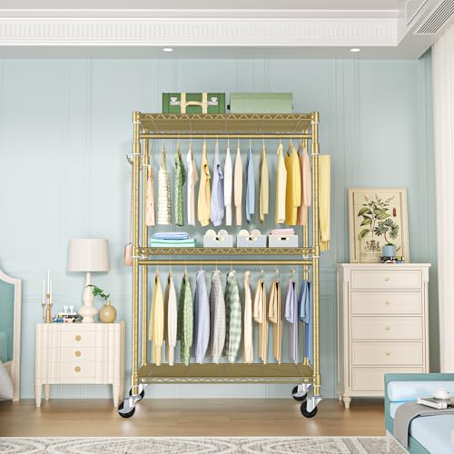 FUTASSI P1 Rolling Clothes Rack, Metal Garment Closet Organizer with Wheels - color: Gold, size: P1