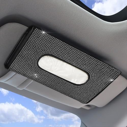 Bling Car Sun Visor Tissue Box Holder, Napkin and Face Mask Storage Box for Cars, Upgraded PU Leather Tissue Box with Crystal Rhinestones, Car Decoration Accessories for Women (Black) - color: Black