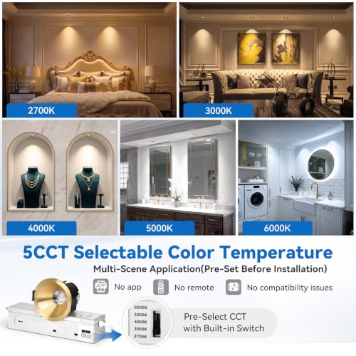 CycevSun 2 Inch Anti-Glare Gold Recessed LED Lights COB Spotlight, 6-Pack - color: Gold, size: 2 Inch