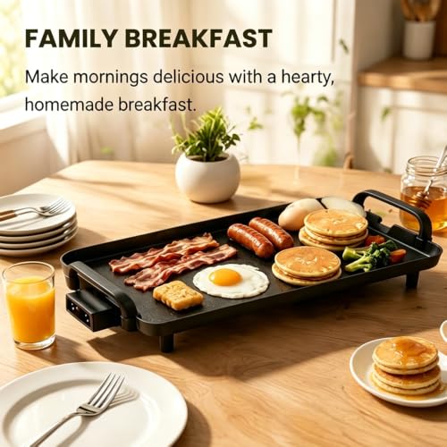 PineyPlace Electric Griddle for Bacon, Eggs, Pancake, Breakfast and Camping Grilling, 1400W NonStick Flat Top Indoor Grill, 5 Adjustable Temperatures, Dishwasher Safe, Black, 22.83 x10.24inches