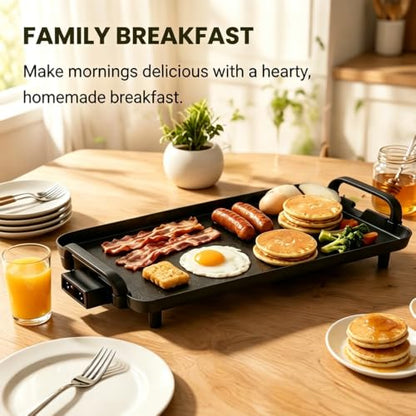 PineyPlace Electric Griddle for Bacon, Eggs, Pancake, Breakfast and Camping Grilling, 1400W NonStick Flat Top Indoor Grill, 5 Adjustable Temperatures, Dishwasher Safe, Black, 22.83 x10.24inches