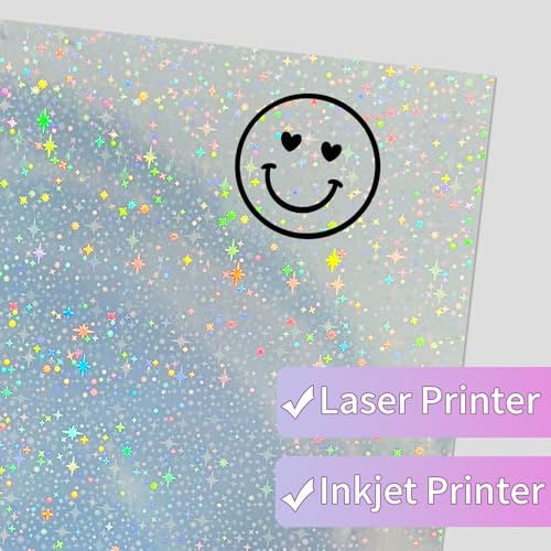 Holographic Sticker Paper for Inkjet & Laser Printer 8.5x11 inch Printable Vinyl Holographic Sticker Paper Self-Adhesive Waterproof- Star, Rainbow, Dots, Transparent- 20 Sheets - color: 4 Style- A, size: 8.5" x 11"