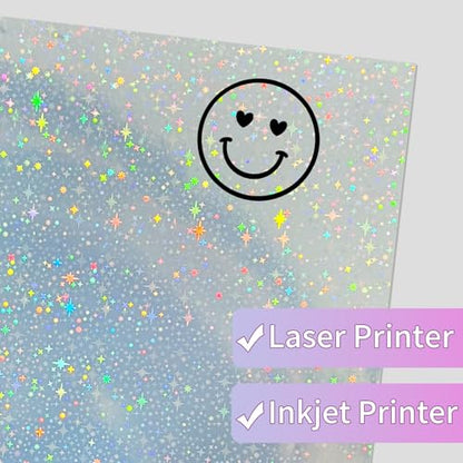Holographic Sticker Paper for Inkjet & Laser Printer 8.5x11 inch Printable Vinyl Holographic Sticker Paper Self-Adhesive Waterproof- Star, Rainbow, Dots, Transparent- 20 Sheets - color: 4 Style- A, size: 8.5" x 11"