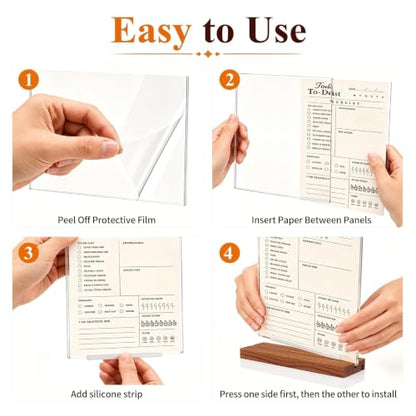8.5x11 Acrylic Sign Holder with Wooden Base 4 Pack Adjustable Vertical/Tilt - color: Warm Brown, size: 8.5"x11"