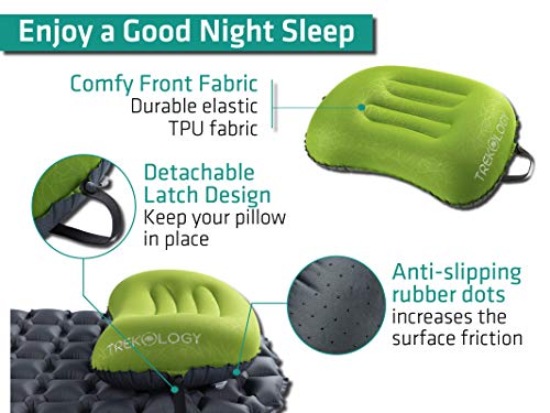 TREKOLOGY Aluft 2.0 Small Inflatable Camping Pillow for Backpacking, Travel - color: Green