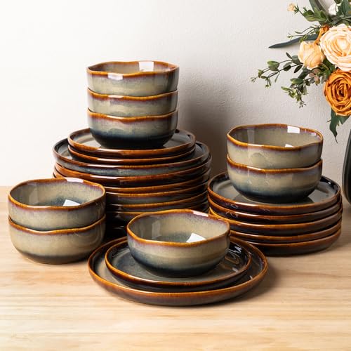 TheTerra Ceramic Dinnerware Set for 8, 24-Piece Plates and Bowls Set - color: Coffee Bean, size: Set (24pcs)
