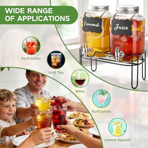 1 Gallon Glass Drink Dispensers For Parties, 2 Pack Beverage Dispenser，Lemonade Dispenser With Fruit Infuser And Stand For BBQ, Picnic, Party,Sun Tea